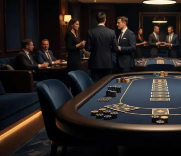 Prémiově nasvícený lounge prostor s pokerovými stoly připravený pro firemní večer