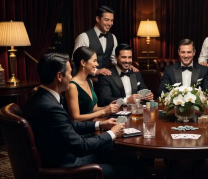 Detail z privátního pokerového večera s hosty u elegantního stolu