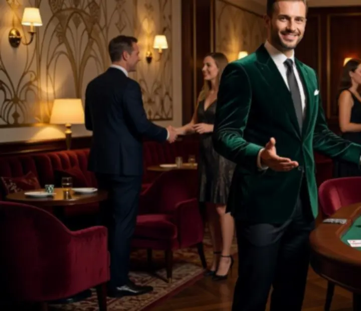 Hostitel vítá hosty při společenském pokerovém večeru