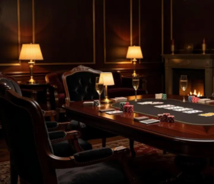 Atmosférický lounge s pokerovým stolem připraveným pro společenský večer