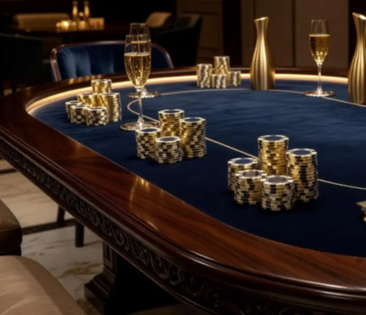 Prémiově nasvícený pokerový stůl s kartami a žetony jako dekorace