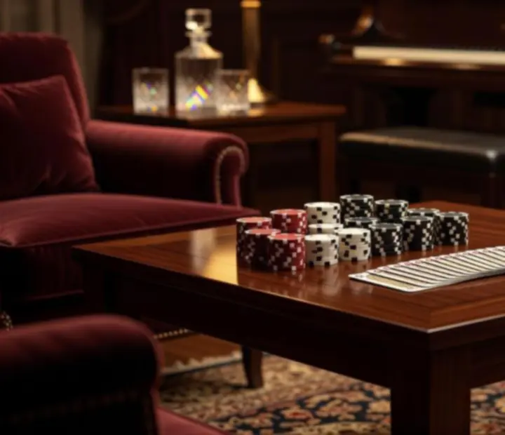 Detail společenského pokerového stolu se žetony bez peněžní hodnoty